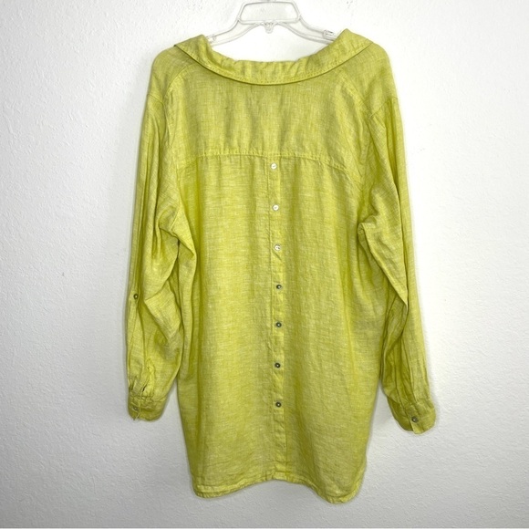 Tahari Lime Green 100% Linen Roll Tab Sleeve Tunic Size 1X V Neck Beach Boho - Picture 3 of 6
